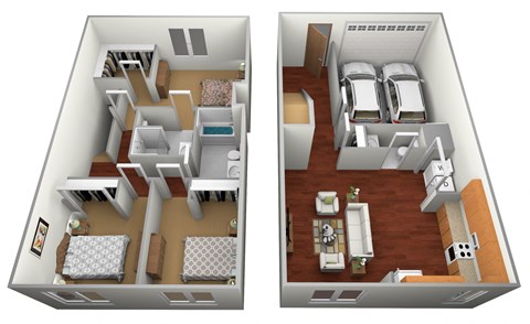 two views of a floor plan with a bedroom and a living room